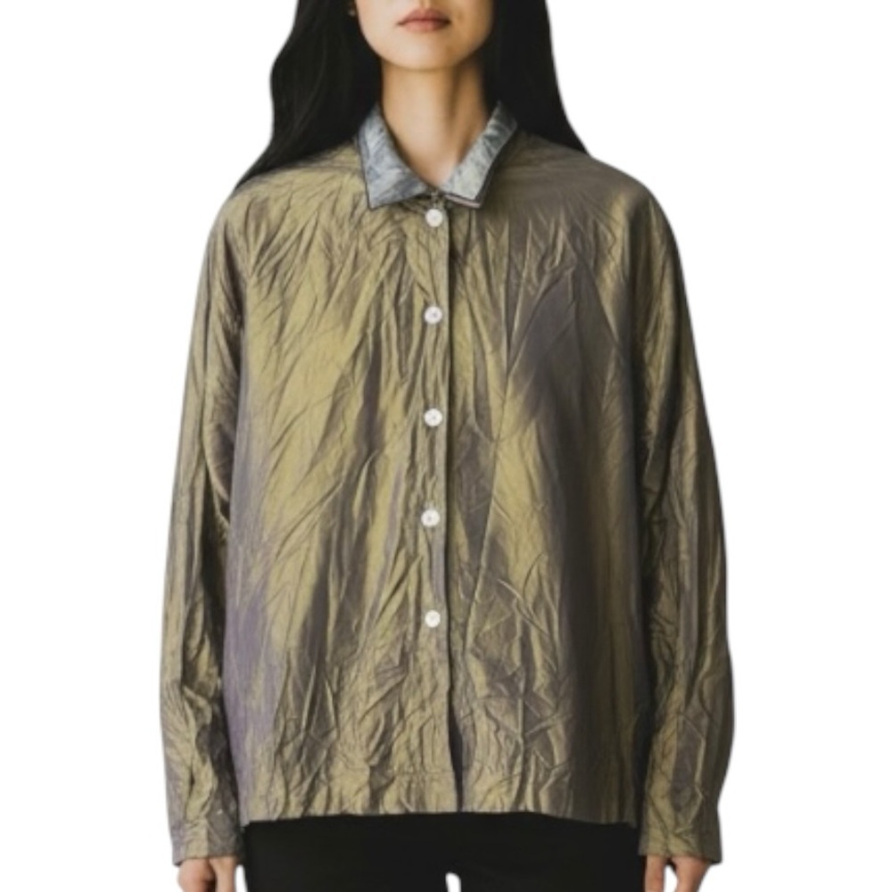 Eleven Stitch Design Crinkle Silk Button Down Shirt